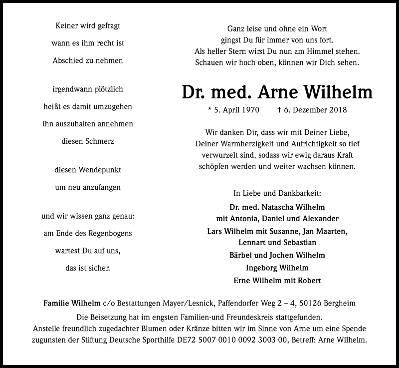  Traueranzeige für Arne Wilhelm vom 15.12.2018 aus Kölner Stadt-Anzeiger / Kölnische Rundschau / Express