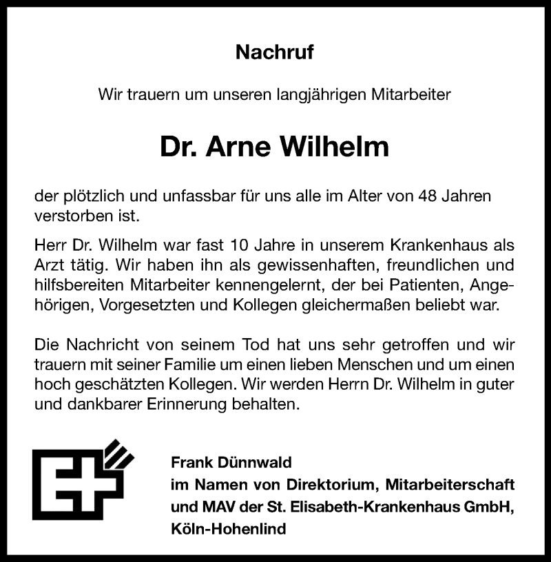  Traueranzeige für Arne Wilhelm vom 15.12.2018 aus Kölner Stadt-Anzeiger / Kölnische Rundschau / Express