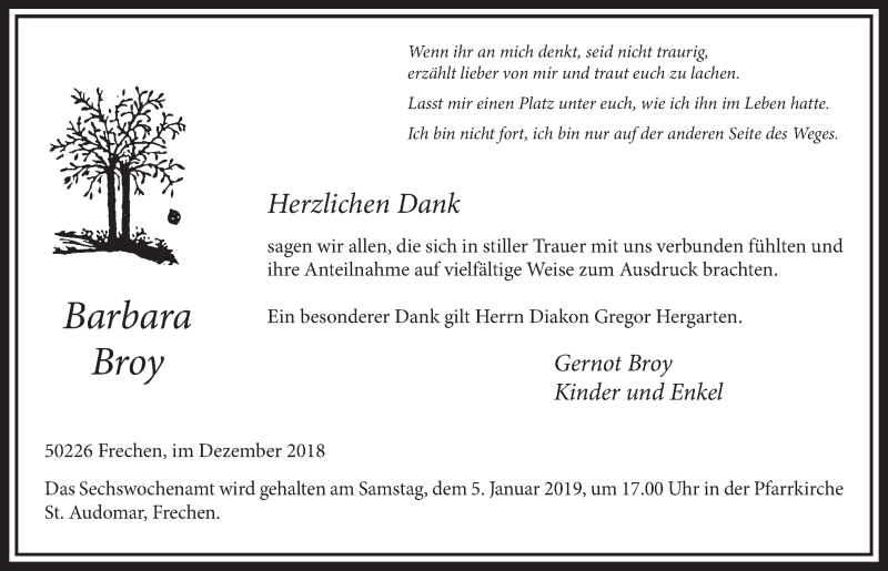  Traueranzeige für Barbara Broy vom 22.12.2018 aus  Sonntags-Post 