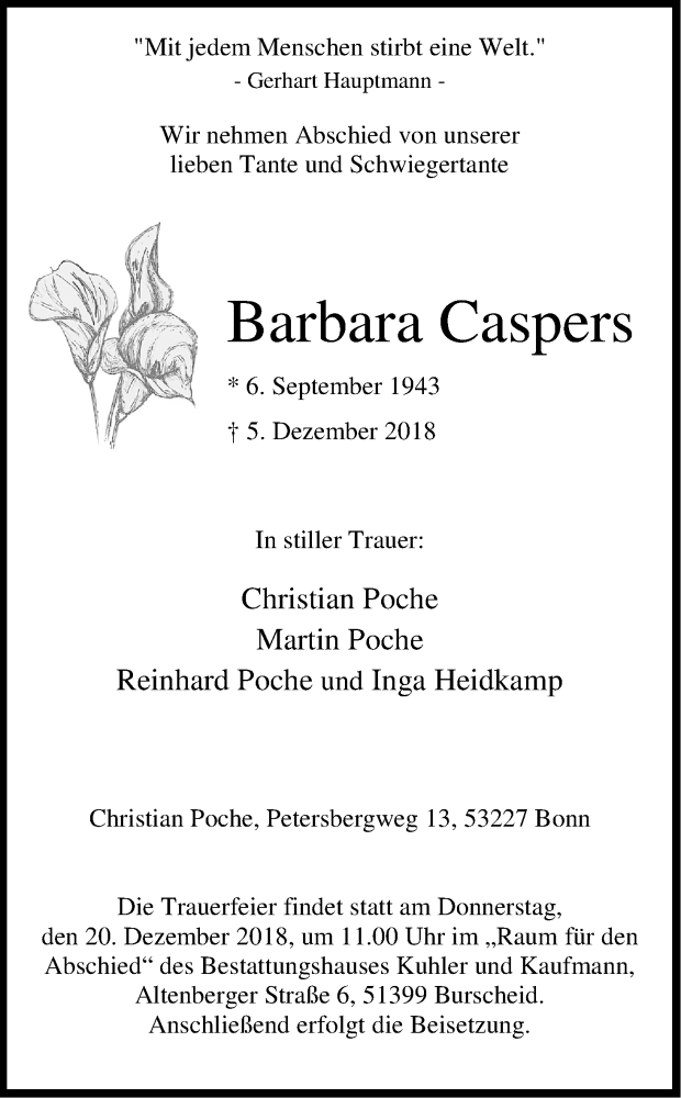  Traueranzeige für Barbara Caspers vom 15.12.2018 aus Kölner Stadt-Anzeiger / Kölnische Rundschau / Express
