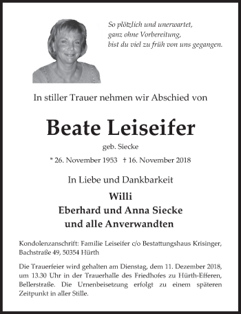 Anzeige von Beate Leiseifer von  Wochenende 