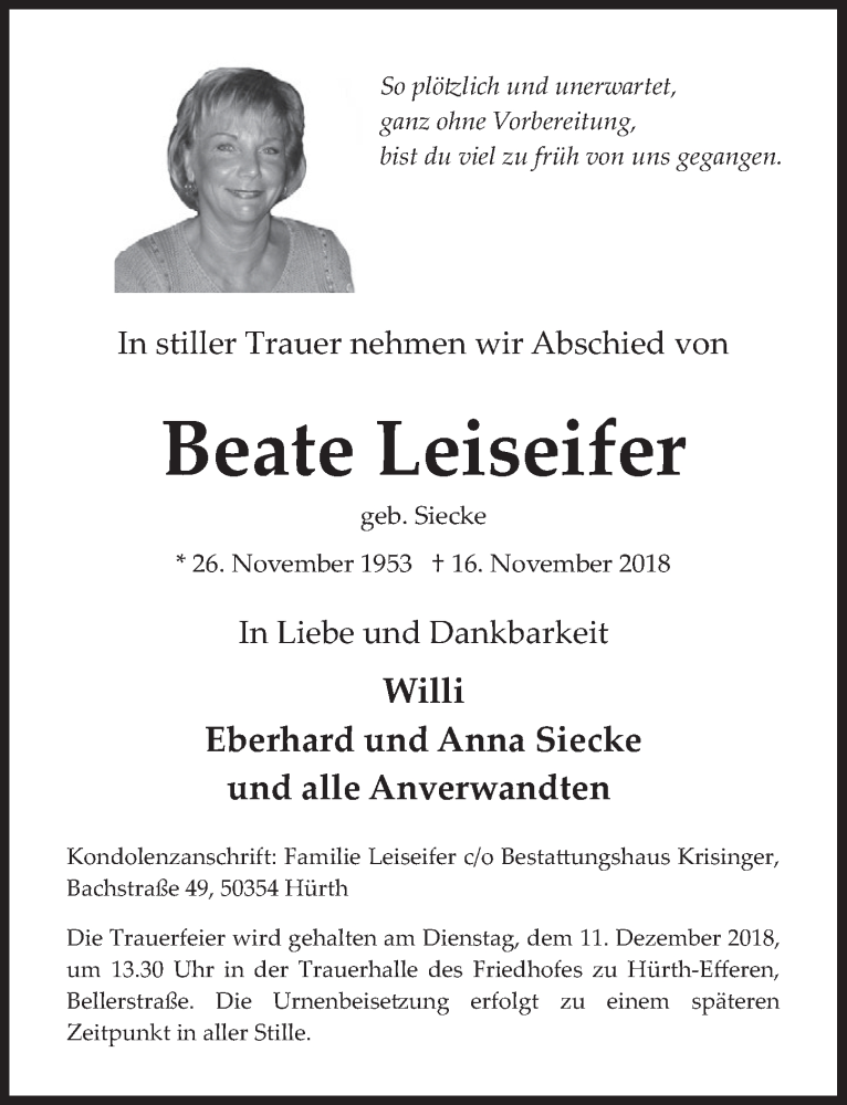  Traueranzeige für Beate Leiseifer vom 05.12.2018 aus  Wochenende 