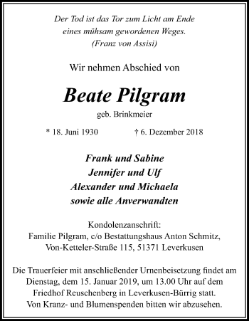 Anzeige von Beate Pilgram von Kölner Stadt-Anzeiger / Kölnische Rundschau / Express