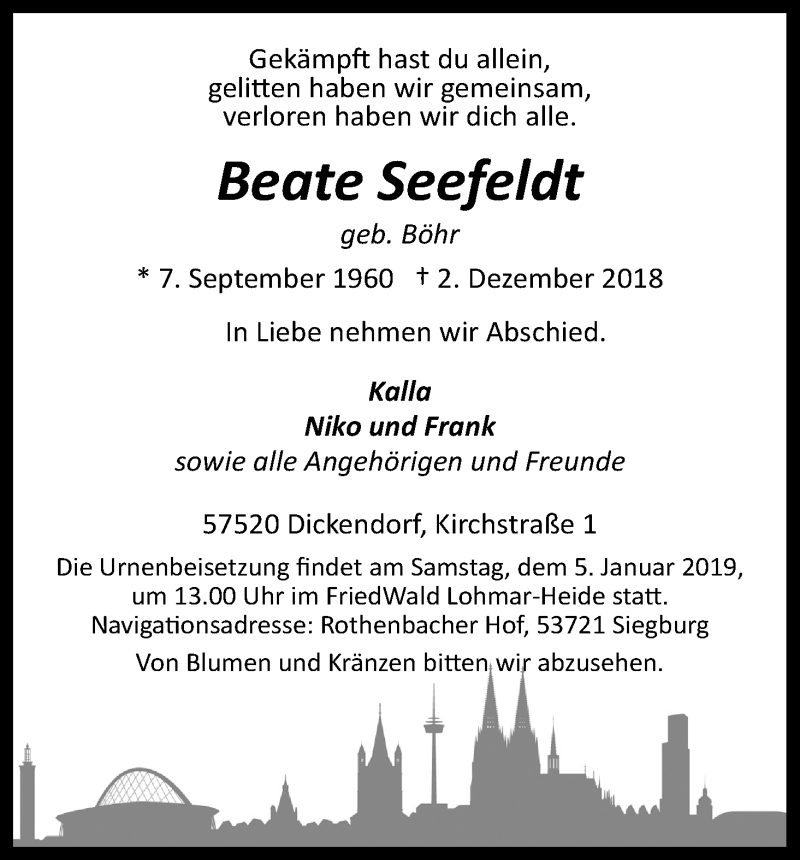  Traueranzeige für Beate Seefeldt vom 08.12.2018 aus Kölner Stadt-Anzeiger / Kölnische Rundschau / Express