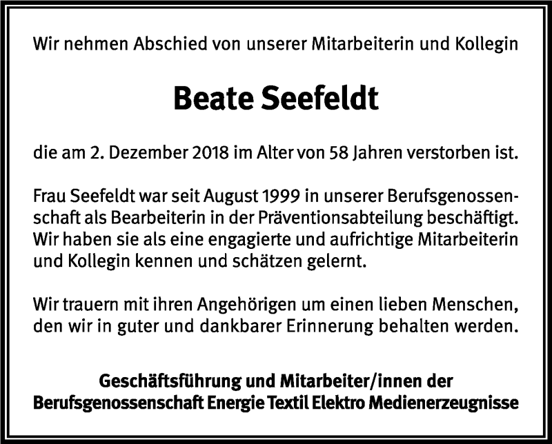  Traueranzeige für Beate Seefeldt vom 05.12.2018 aus Kölner Stadt-Anzeiger / Kölnische Rundschau / Express