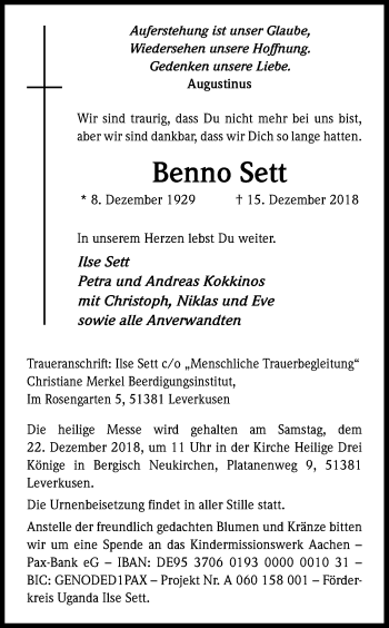 Anzeige von Benno Sett von Kölner Stadt-Anzeiger / Kölnische Rundschau / Express