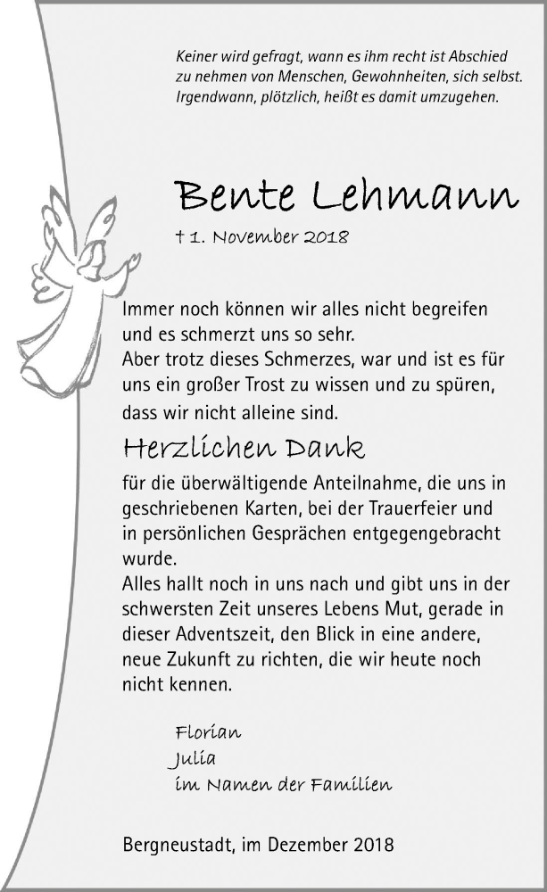  Traueranzeige für Bente Lehmann vom 19.12.2018 aus  Anzeigen Echo 