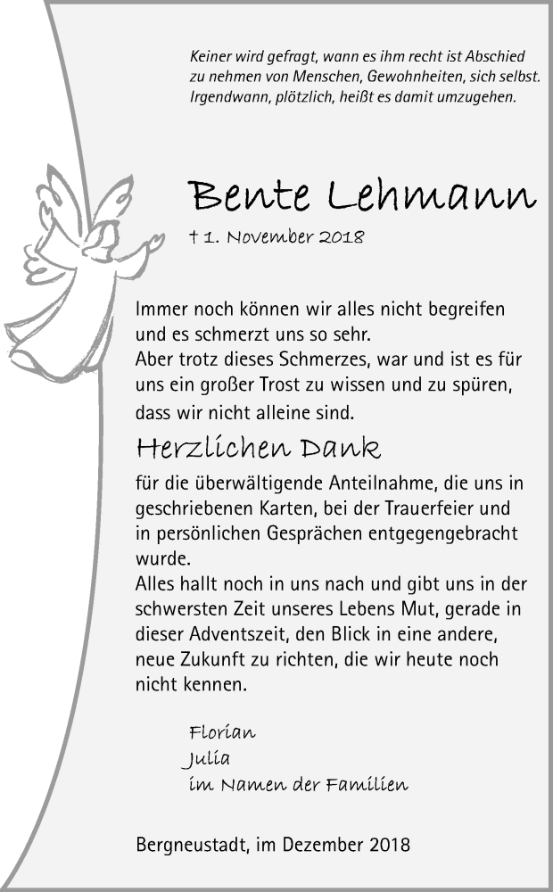  Traueranzeige für Bente Lehmann vom 15.12.2018 aus Kölner Stadt-Anzeiger / Kölnische Rundschau / Express
