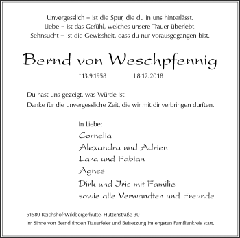 Anzeige von Bernd von Weschpfennig von Kölner Stadt-Anzeiger / Kölnische Rundschau / Express