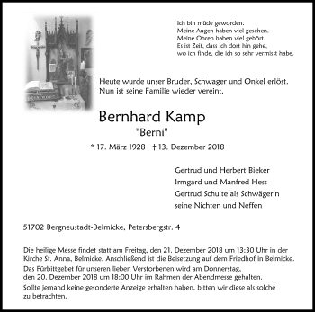 Anzeige von Bernhard Kamp von Kölner Stadt-Anzeiger / Kölnische Rundschau / Express