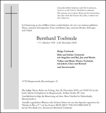 Anzeige von Bernhard Toelstede von Kölner Stadt-Anzeiger / Kölnische Rundschau / Express