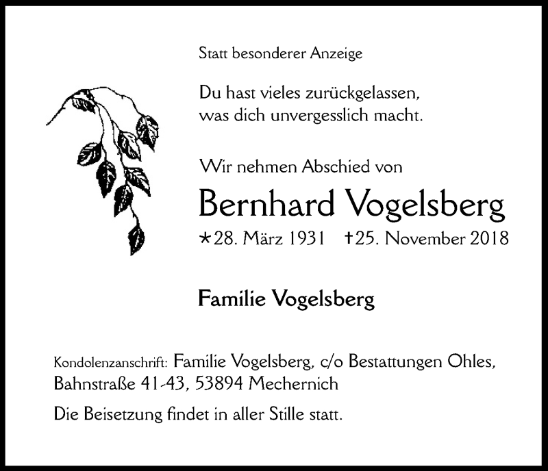 Traueranzeige für Bernhard Vogelsberg vom 08.12.2018 aus Kölner Stadt-Anzeiger / Kölnische Rundschau / Express