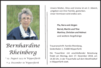 Anzeige von Bernhardine Rheinberg von Kölner Stadt-Anzeiger / Kölnische Rundschau / Express