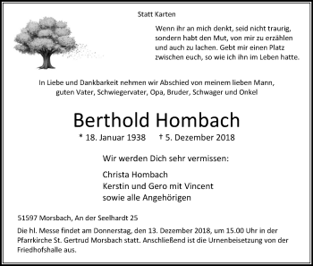 Anzeige von Berthold Hombach von Kölner Stadt-Anzeiger / Kölnische Rundschau / Express
