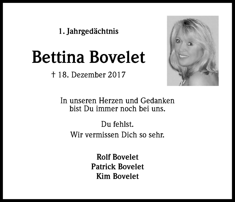  Traueranzeige für Bettina Bovelet vom 18.12.2018 aus Kölner Stadt-Anzeiger / Kölnische Rundschau / Express