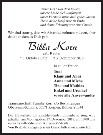 Anzeige von Billa Korn von  Werbepost 
