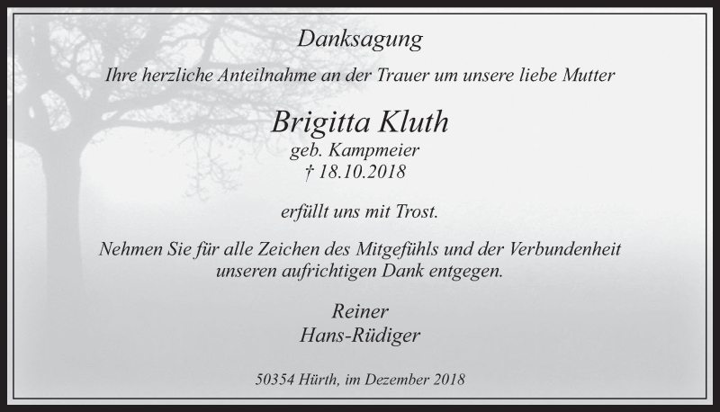  Traueranzeige für Brigitta Kluth vom 27.12.2018 aus  Wochenende 