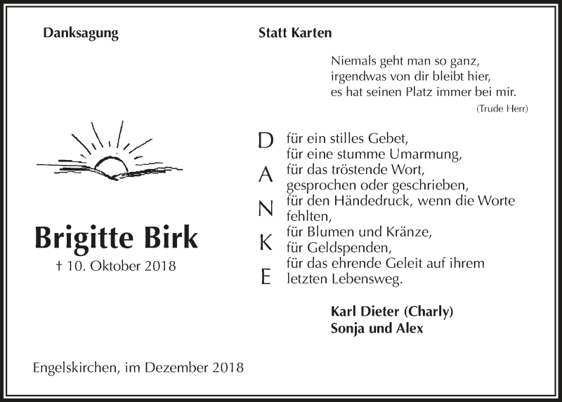  Traueranzeige für Brigitte Birk vom 12.12.2018 aus  Anzeigen Echo 