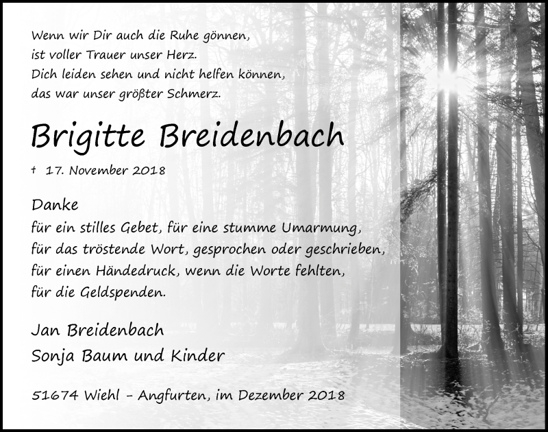  Traueranzeige für Brigitte Breidenbach vom 19.12.2018 aus  Anzeigen Echo 