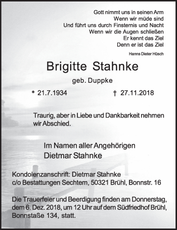 Anzeige von Brigitte Stahnke von  Schlossbote/Werbekurier 