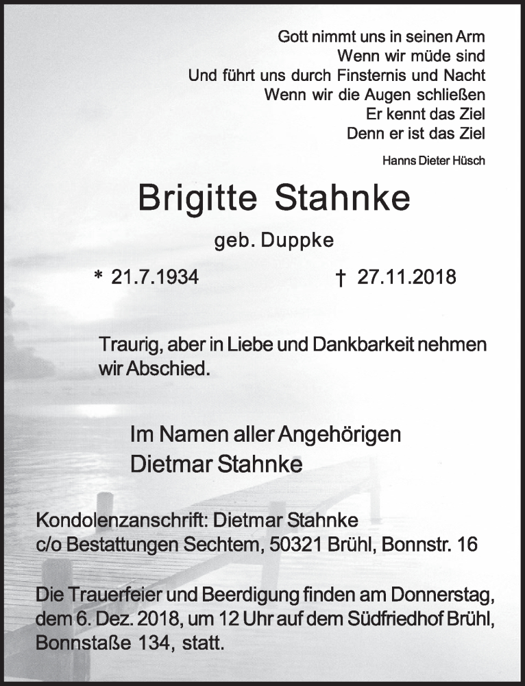  Traueranzeige für Brigitte Stahnke vom 05.12.2018 aus  Schlossbote/Werbekurier 
