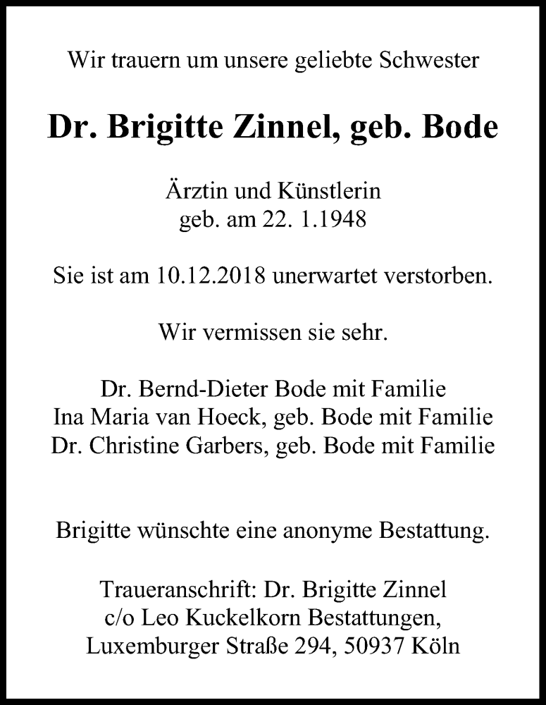  Traueranzeige für Brigitte Zinnel vom 22.12.2018 aus Kölner Stadt-Anzeiger / Kölnische Rundschau / Express