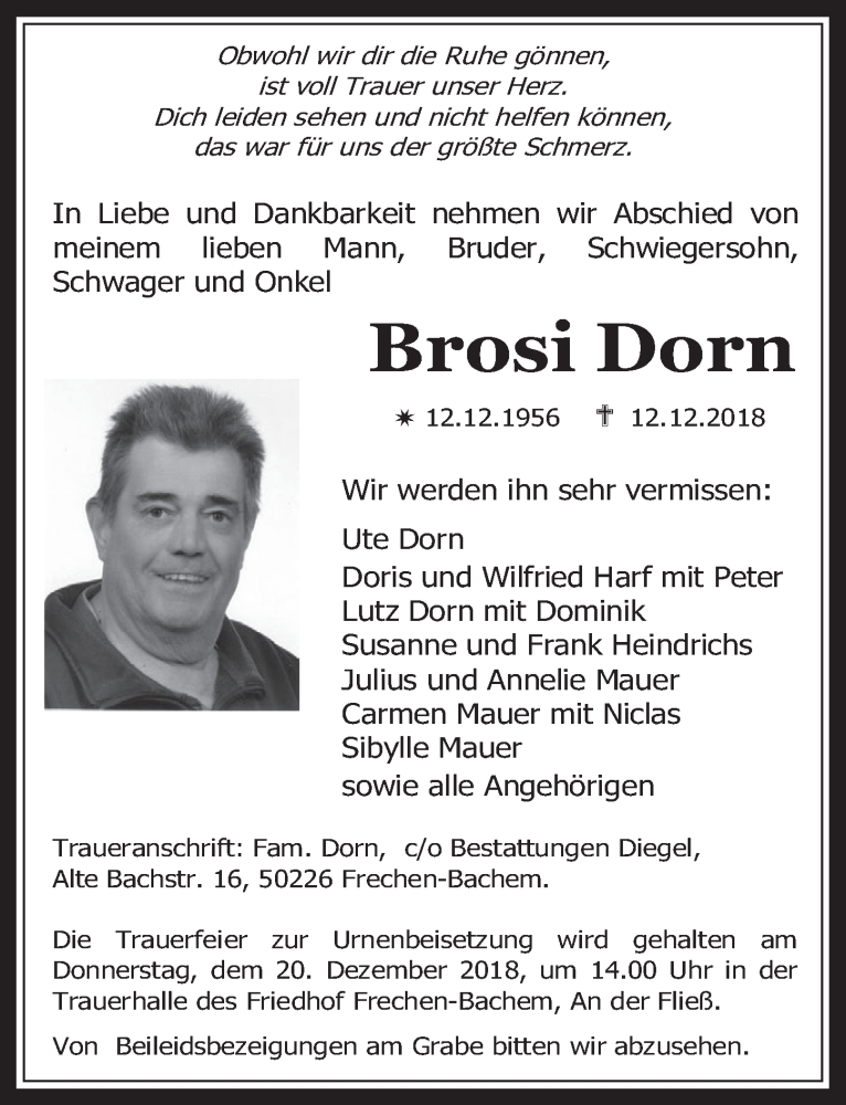  Traueranzeige für Brosi Dorn vom 19.12.2018 aus  Wochenende 