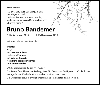 Anzeige von Bruno Bandemer von Kölner Stadt-Anzeiger / Kölnische Rundschau / Express