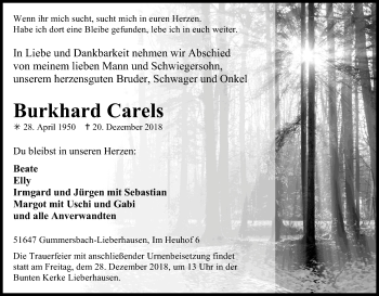 Anzeige von Burkhard Carels von Kölner Stadt-Anzeiger / Kölnische Rundschau / Express