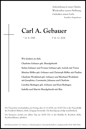 Anzeige von Carl A. Gebauer von Kölner Stadt-Anzeiger / Kölnische Rundschau / Express