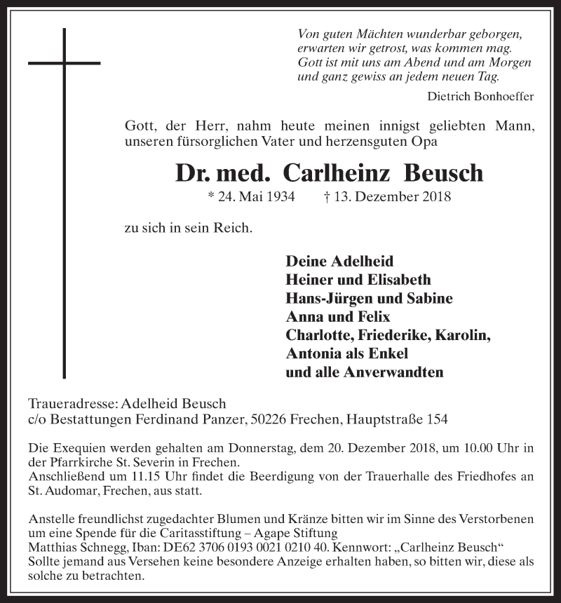  Traueranzeige für Carlheinz Beusch vom 19.12.2018 aus  Wochenende 