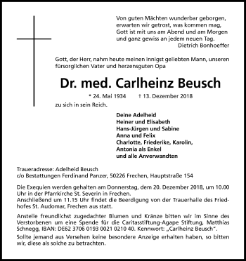 Anzeige von Carlheinz Beusch von Kölner Stadt-Anzeiger / Kölnische Rundschau / Express