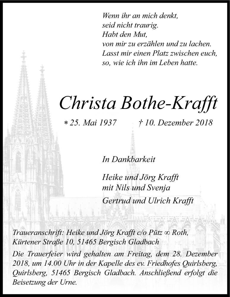  Traueranzeige für Christa Bothe-Krafft vom 22.12.2018 aus Kölner Stadt-Anzeiger / Kölnische Rundschau / Express