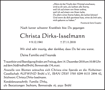 Anzeige von Christa Dirks-Isselmann von  Schlossbote/Werbekurier 