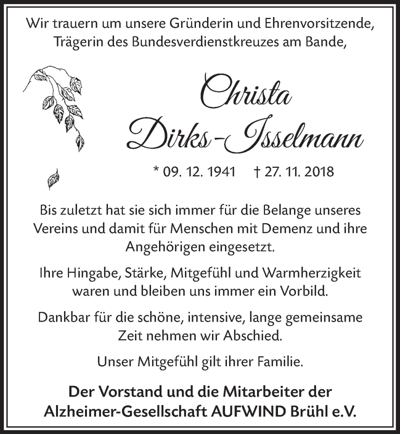  Traueranzeige für Christa Dirks-Isselmann vom 05.12.2018 aus  Schlossbote/Werbekurier 