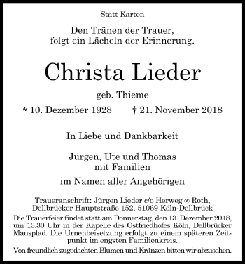 Anzeige von Christa Lieder von Kölner Stadt-Anzeiger / Kölnische Rundschau / Express