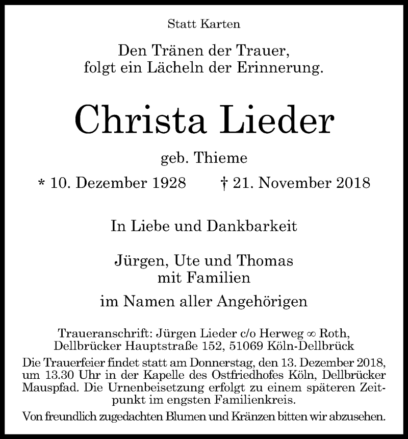  Traueranzeige für Christa Lieder vom 05.12.2018 aus Kölner Stadt-Anzeiger / Kölnische Rundschau / Express