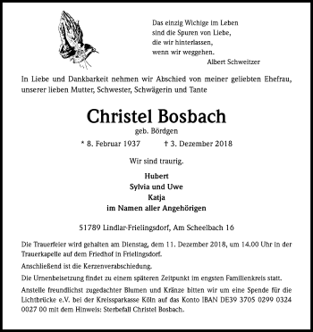 Anzeige von Christel Bosbach von Kölner Stadt-Anzeiger / Kölnische Rundschau / Express