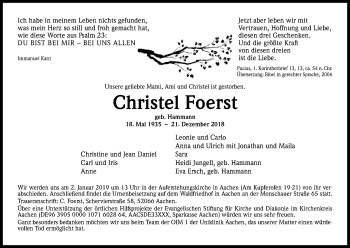 Anzeige von Christel Foerst von Kölner Stadt-Anzeiger / Kölnische Rundschau / Express