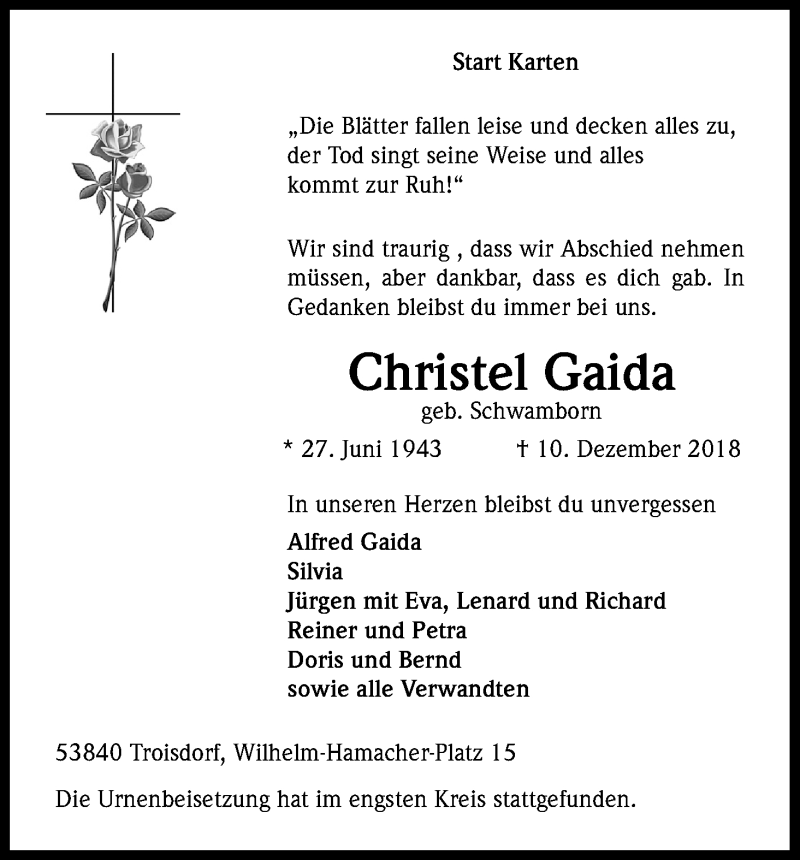  Traueranzeige für Christel Gaida vom 22.12.2018 aus Kölner Stadt-Anzeiger / Kölnische Rundschau / Express