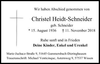 Anzeige von Christel Heidt-Schneider von Kölner Stadt-Anzeiger / Kölnische Rundschau / Express