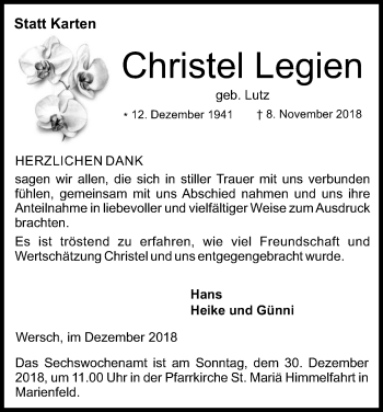 Anzeige von Christel Legien von Kölner Stadt-Anzeiger / Kölnische Rundschau / Express