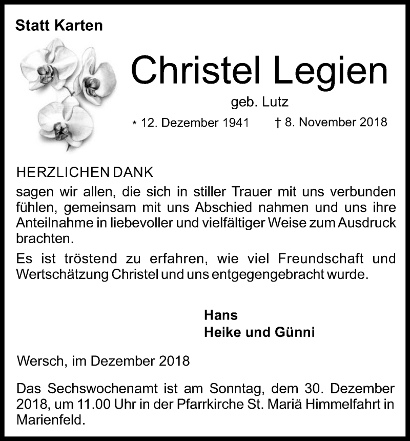  Traueranzeige für Christel Legien vom 14.12.2018 aus Kölner Stadt-Anzeiger / Kölnische Rundschau / Express