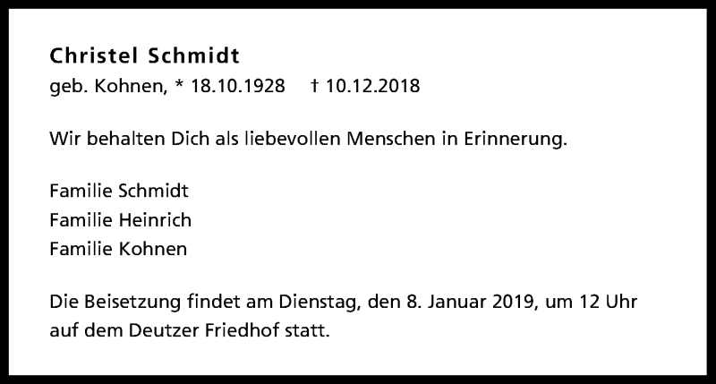  Traueranzeige für Christel Schmidt vom 18.12.2018 aus Kölner Stadt-Anzeiger / Kölnische Rundschau / Express