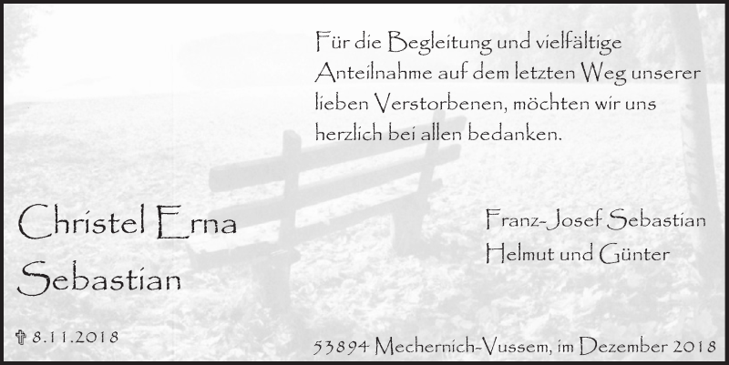  Traueranzeige für Christel Erna Sebastian vom 29.12.2018 aus  Blickpunkt Euskirchen 