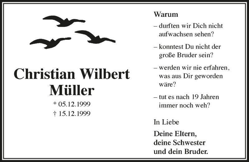  Traueranzeige für Christian Wilbert Müller vom 12.12.2018 aus  Bergisches Handelsblatt 