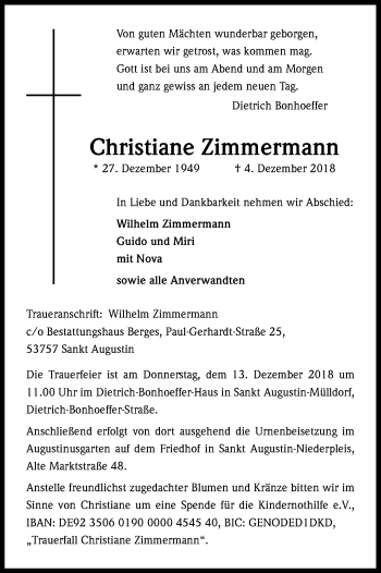 Anzeige von Christiane Zimmermann von Kölner Stadt-Anzeiger / Kölnische Rundschau / Express