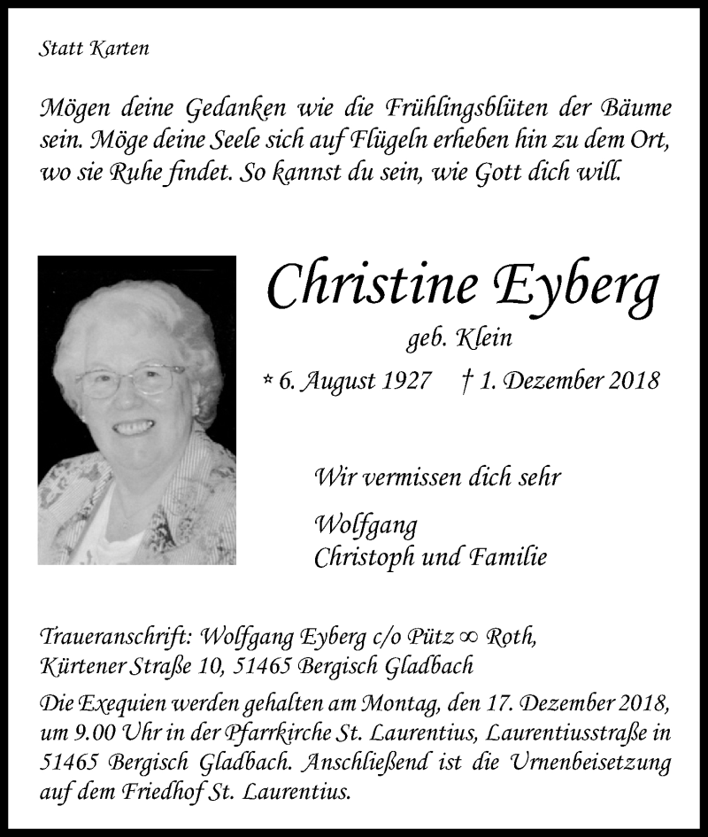  Traueranzeige für Christine Eyberg vom 13.12.2018 aus Kölner Stadt-Anzeiger / Kölnische Rundschau / Express