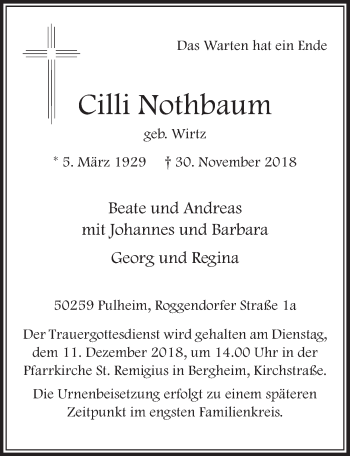 Anzeige von Cilli Nothbaum von  Sonntags-Post 