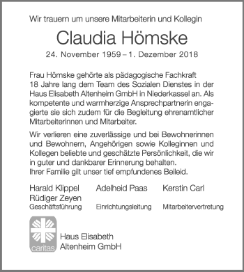 Anzeige von Claudia Hömske von Kölner Stadt-Anzeiger / Kölnische Rundschau / Express